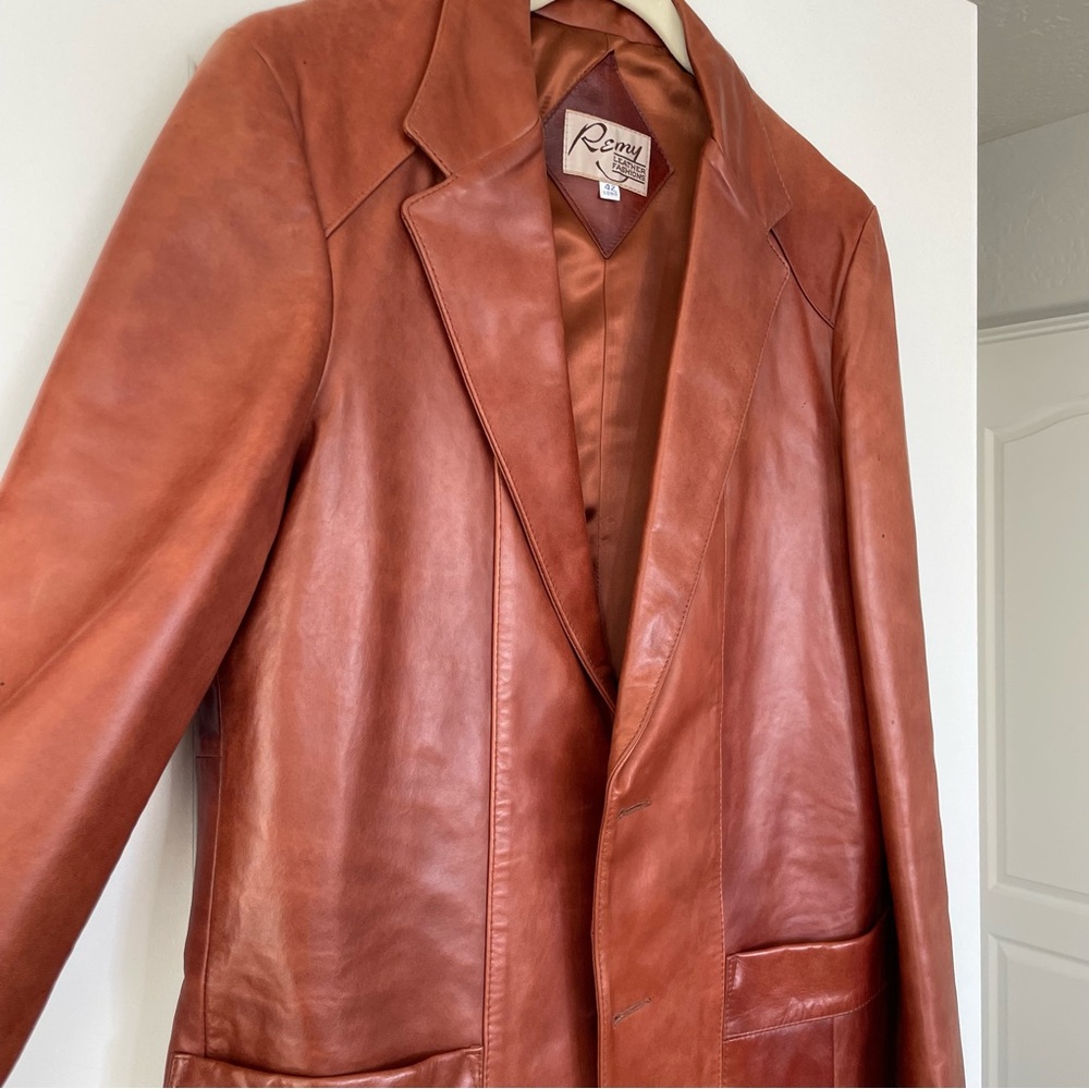 Remy Vintage Brown Leather Jacket Blazer Size 42 Long Unisex Classic Genuine - Picture 2 of 6